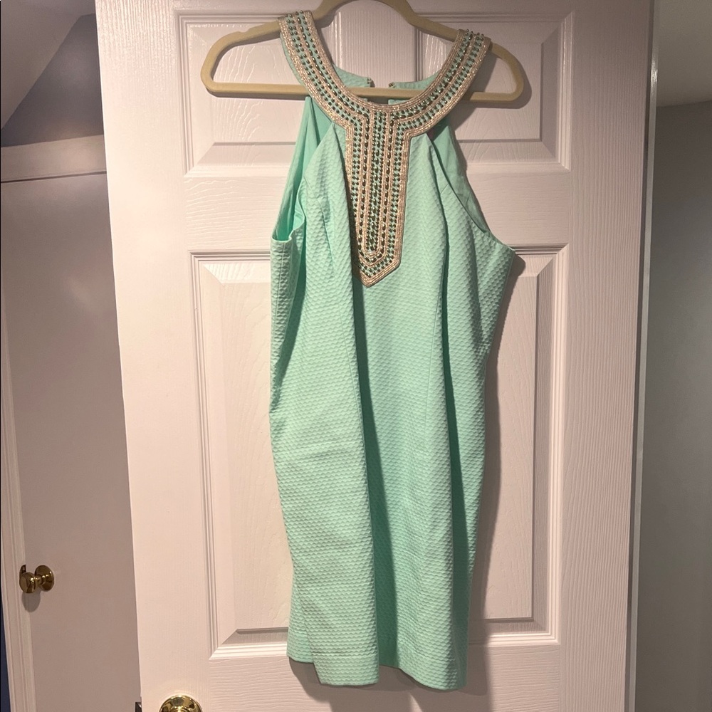 Lilly Pulitzer Aqua Mini Dress with Embellished Neckline